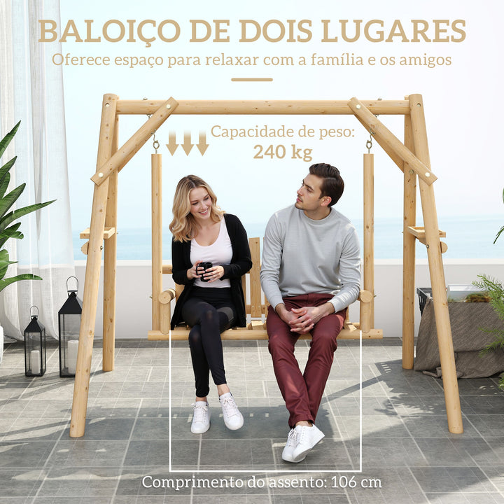 Banco Baloiço de Jardim de Madeira para 2 Pessoas Baloiço de Exterior com Bandejas Laterais Apoios para os Braço e Estrutura em A para Pátio, Alpendre Carga 240 kg 200x135x175 cm Madeira