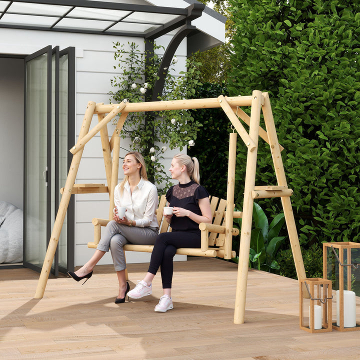 Banco Baloiço de Jardim de Madeira para 2 Pessoas Baloiço de Exterior com Bandejas Laterais Apoios para os Braço e Estrutura em A para Pátio, Alpendre Carga 240 kg 200x135x175 cm Madeira