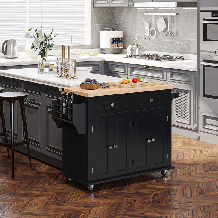 Ilha de Cozinha com Rodas Móvel Auxiliar de Cozinha com 2 Gavetas 4 Portas Suporte para Temperos e Barra Lateral 111x44,5x82,5 cm Preto e Madeira