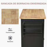 Ilha de Cozinha com Rodas Móvel Auxiliar de Cozinha com 2 Gavetas 4 Portas Suporte para Temperos e Barra Lateral 111x44,5x82,5 cm Preto e Madeira