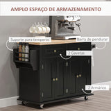 Ilha de Cozinha com Rodas Móvel Auxiliar de Cozinha com 2 Gavetas 4 Portas Suporte para Temperos e Barra Lateral 111x44,5x82,5 cm Preto e Madeira