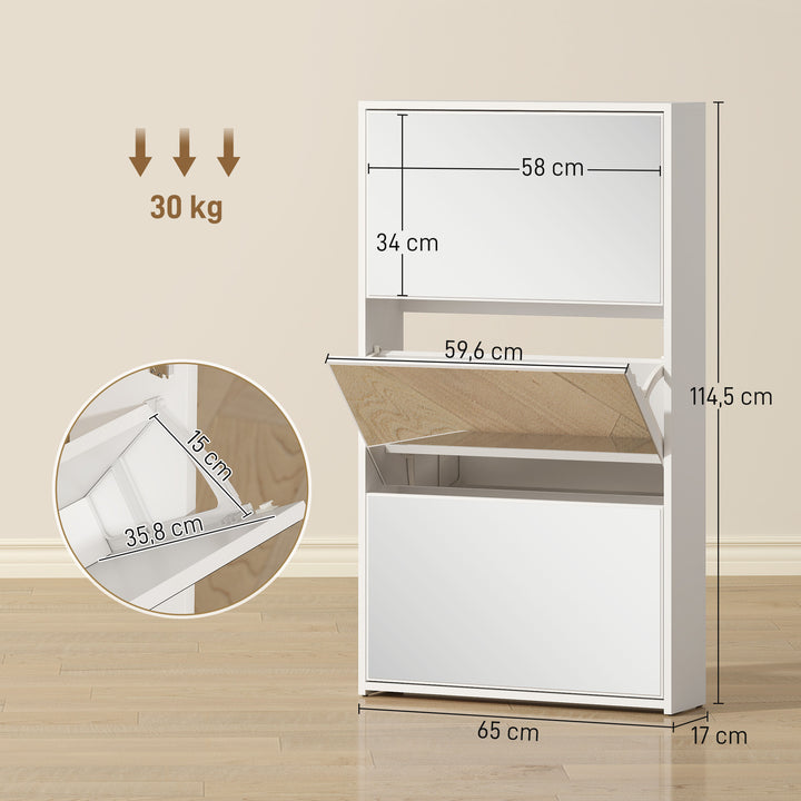 Sapateira Estreita 3 Portas com Espelho Sapateira para Entrada Corredor Para 9 Pares de Sapatos Para Corredor Espaços Reduzidos 65x17x114,5 cm Branco