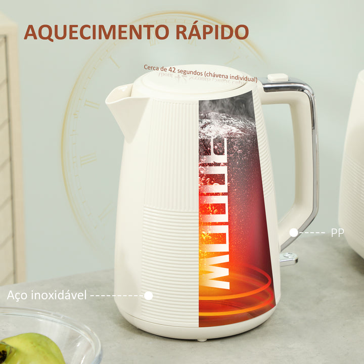 Conjunto de Torradeira e Jarro Elétrico Jarro de Água Elétrico de Aço Inoxidável 2200W 1,7L Torradeira de Pão com Ranura Larga para 2 Fatias 3 Funções Creme