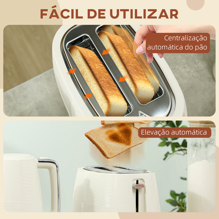 Conjunto de Torradeira e Jarro Elétrico Jarro de Água Elétrico de Aço Inoxidável 2200W 1,7L Torradeira de Pão com Ranura Larga para 2 Fatias 3 Funções Creme