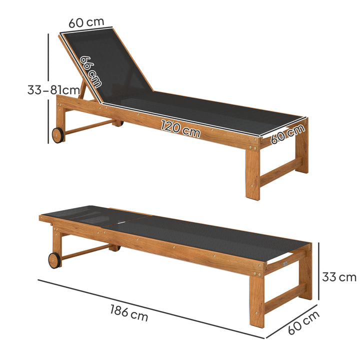 Espreguiçadeira de Madeira de Acácia Espreguiçadeira de Jardim com Rodas Encosto Ajustável em 4 Níveis Carga 160 kg Espreguiçadeira para Pátio Varanda 186x60x33 cm Teca e Preto