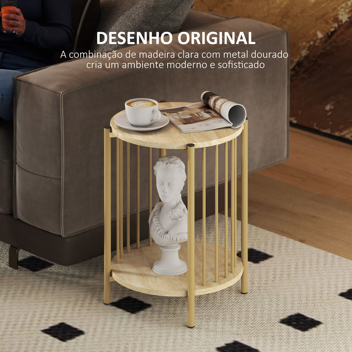 Mesa Lateral Redonda de 2 Níveis Mesa Auxiliar Moderna com Prateleira de Armazenamento e Estrutura de Aço para Sala e Quarto Ø41x49 cm Madeira
