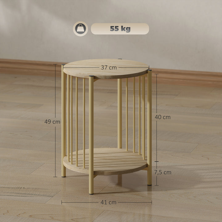 Mesa Lateral Redonda de 2 Níveis Mesa Auxiliar Moderna com Prateleira de Armazenamento e Estrutura de Aço para Sala e Quarto Ø41x49 cm Madeira
