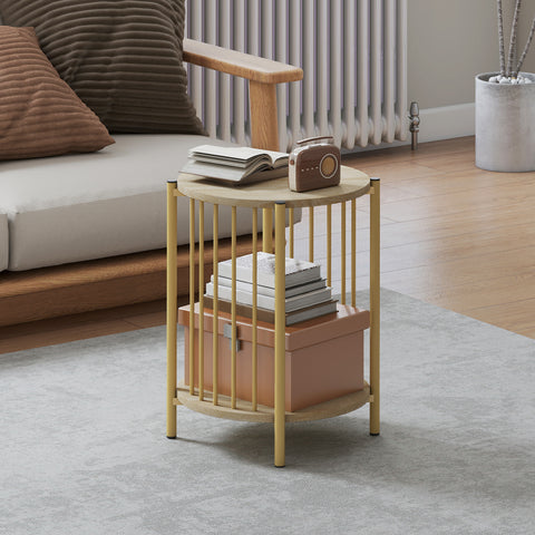 Mesa Lateral Redonda de 2 Níveis Mesa Auxiliar Moderna com Prateleira de Armazenamento e Estrutura de Aço para Sala e Quarto Ø41x49 cm Madeira