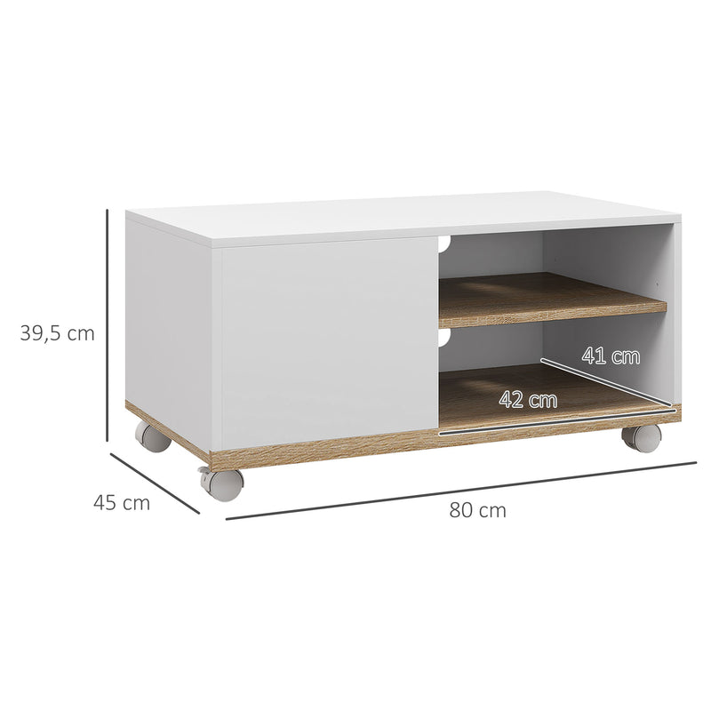 Móvel de TV Mesa de Sala de Estar Moderna de TV de 42 Polegadas com 4 Rodas com 1 Porta e 2 Prateleiras de Armazenamento 80x45x39,5 cm Branco