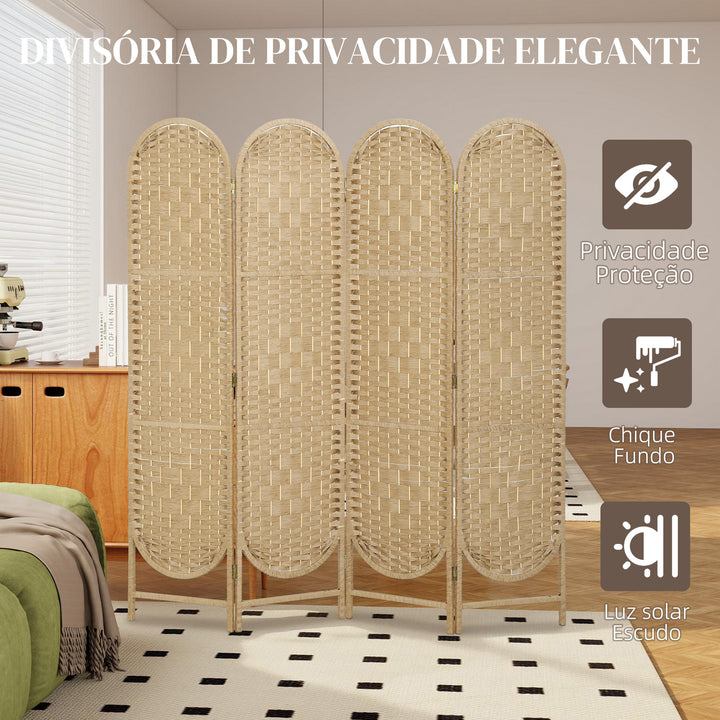 Biombo Separador de 4 Painéis 160x170 cm Painel de Privacidade Dobrável Boémio com Topo Arqueado Entrançado à Mão Divisória para Escritório e Quarto Madeira