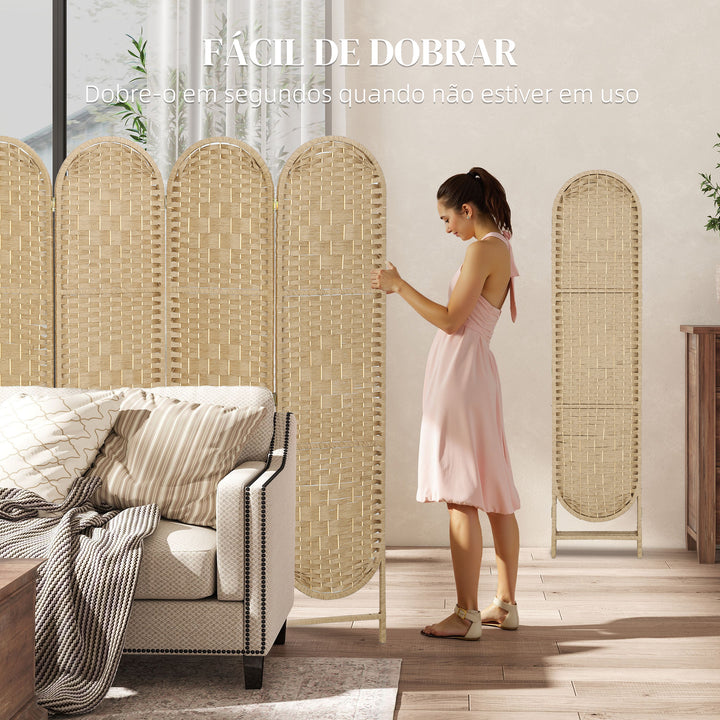 Biombo Separador de 4 Painéis 160x170 cm Painel de Privacidade Dobrável Boémio com Topo Arqueado Entrançado à Mão Divisória para Escritório e Quarto Madeira