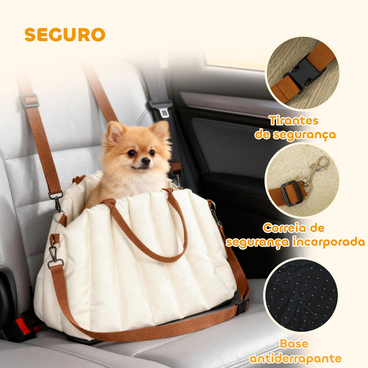 Assento de Carro para Cães Pequenos Assento de Carro para Animais de até 5 kg com Cinto de Segurança e Base Antiderrapante Cama de Viagem Portátil com Capa Removível e Lavável 50x30x31 cm Creme
