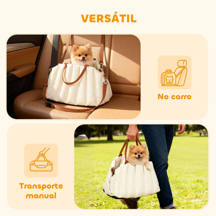 Assento de Carro para Cães Pequenos Assento de Carro para Animais de até 5 kg com Cinto de Segurança e Base Antiderrapante Cama de Viagem Portátil com Capa Removível e Lavável 50x30x31 cm Creme