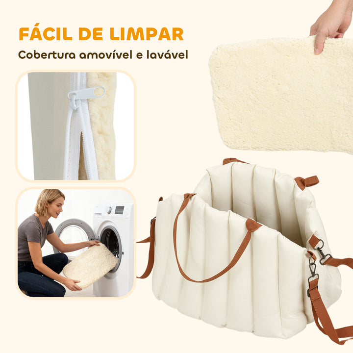 Assento de Carro para Cães Pequenos Assento de Carro para Animais de até 5 kg com Cinto de Segurança e Base Antiderrapante Cama de Viagem Portátil com Capa Removível e Lavável 50x30x31 cm Creme