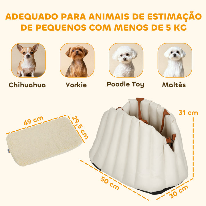 Assento de Carro para Cães Pequenos Assento de Carro para Animais de até 5 kg com Cinto de Segurança e Base Antiderrapante Cama de Viagem Portátil com Capa Removível e Lavável 50x30x31 cm Creme