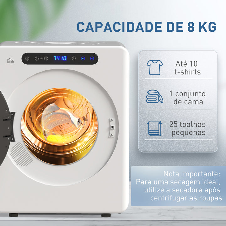 Máquina de Secar por Evacuação 3 KG Secadora de Roupa 1000W Função Antirrugas Função Esterilizar Temporizador Ecrã LED Tátil Tambor Aço Inoxidável 49x43x61 cm Branco