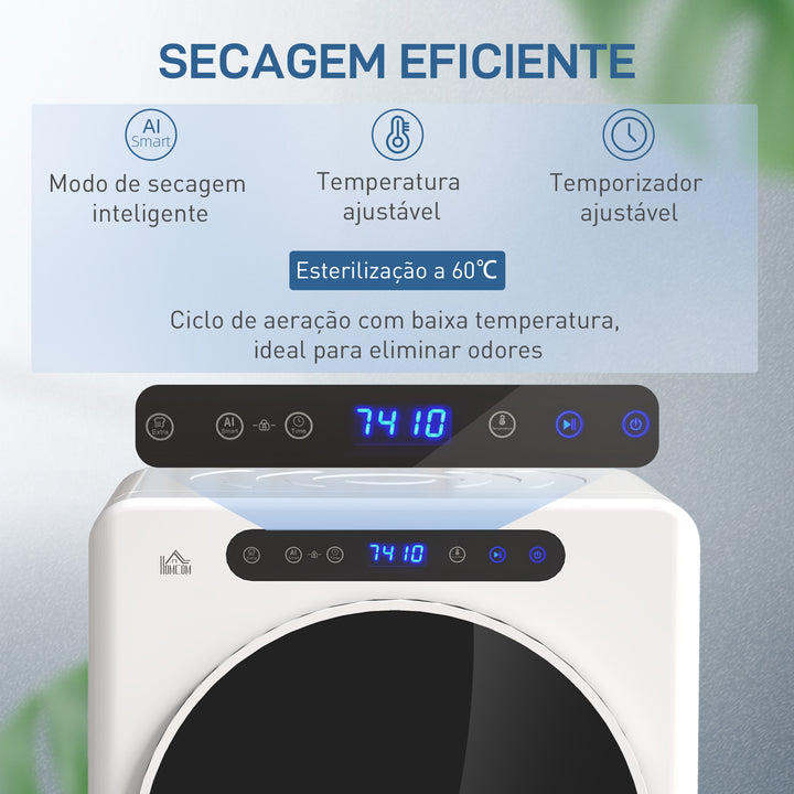 Máquina de Secar por Evacuação 3 KG Secadora de Roupa 1000W Função Antirrugas Função Esterilizar Temporizador Ecrã LED Tátil Tambor Aço Inoxidável 49x43x61 cm Branco