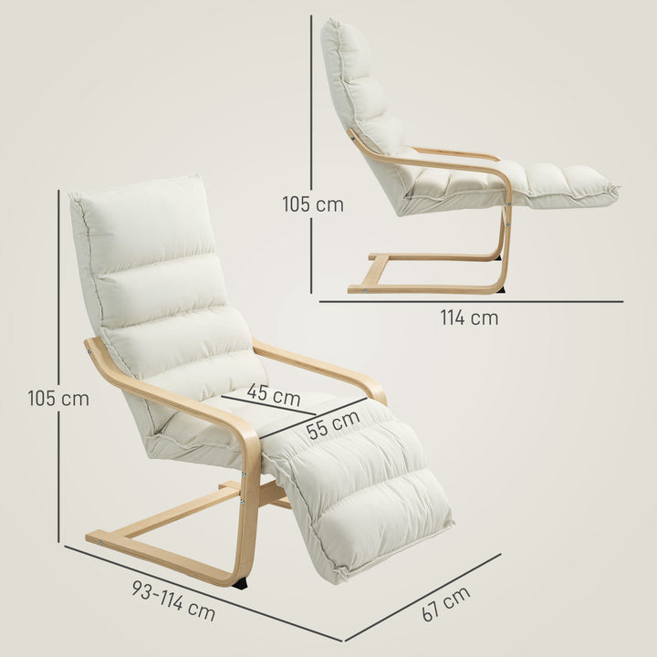 Poltrona de Sala com Apoio para os Pés Ajustável, Poltrona Estofada em Veludo, Estrutura de Madeira, Poltrona de Relaxamento para Quarto, Escritório, Estúdio, 67x93x105 cm, Creme