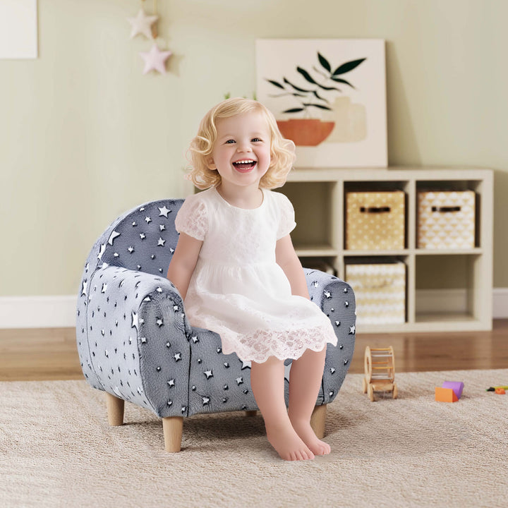 Poltrona para Crianças com Desenho de Estrelas que Brilham no Escuro Sofá para Crianças de 18-36 Meses Tecido Suave de Veludo Apoios de Braços Carga 45 kg 55x40x55 cm Cinzento