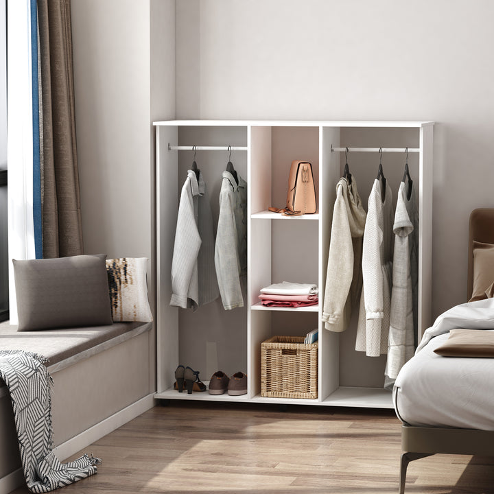 Roupeiro de Madeira Móvel Armário Roupeiro Aberto com 2 Barras para Pendurar e 3 Prateleiras Organizadoras para Dormitório 120x40x128 cm Branco