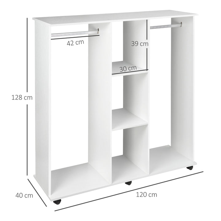 Roupeiro de Madeira Móvel Armário Roupeiro Aberto com 2 Barras para Pendurar e 3 Prateleiras Organizadoras para Dormitório 120x40x128 cm Branco