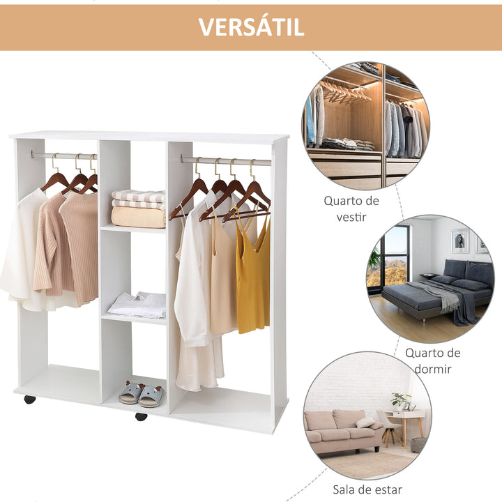 Roupeiro de Madeira Móvel Armário Roupeiro Aberto com 2 Barras para Pendurar e 3 Prateleiras Organizadoras para Dormitório 120x40x128 cm Branco
