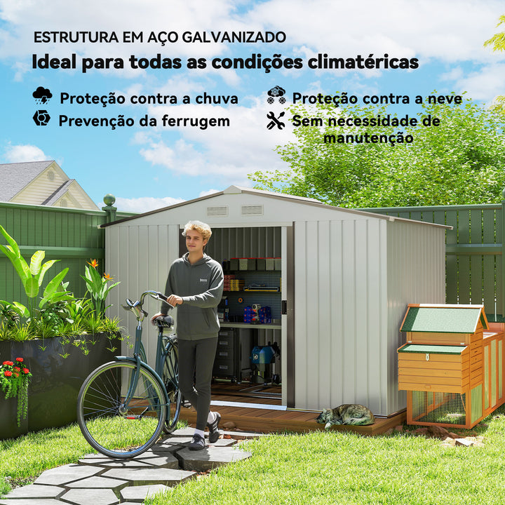 Abrigo de Jardim Exterior Abrigo e Jardim Metálico para Armazenamento de Ferramentas com 4 Janelas 277x195x192 cm Branco e Cinza Escuro