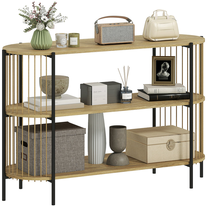 Mesa Consola com Corda de Papel Trançada à Mão Consola de Entrada de 3 Níveis com Estrutura de Aço Estilo Boémio para Entrada Sala de Estar 124x43,5x80 cm Madeira