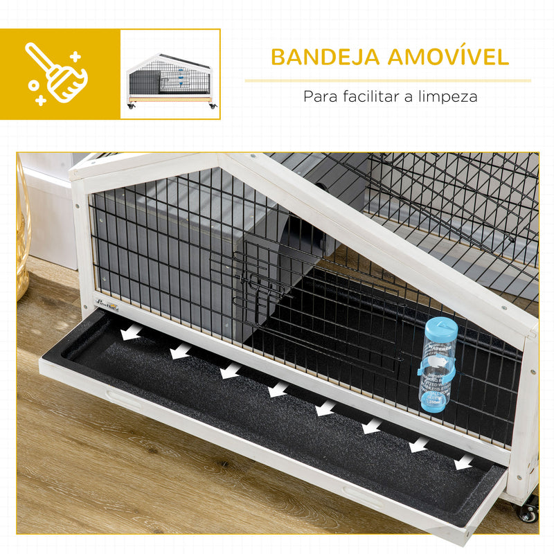 Coelheira de Madeira com Rodas 90x53x55 cm Gaiola para Coelhos com Bandeja Amovível e Bebedouro Casa para Animais Pequenos Cinza Escuro