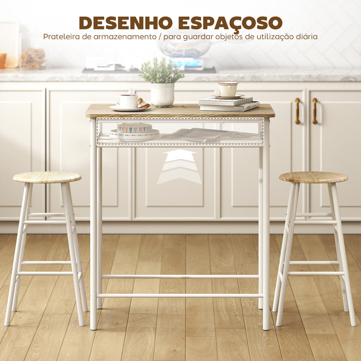 Conjunto de Móvel Bar Conjunto de Mesa Alta e 2 Bancos com Prateleira de Armazenamento e Estrutura de Metal para Cozinha Sala de Jantar 80x50x90cm Branco e Madeira