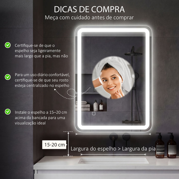 Espelho Casa de banho com Luzes LED 70x90 cm Espelho de Parede Antiembaciamento com 3 Temperaturas de Cor Ajustável e Função de Memória Horizontal e Vertical Prata