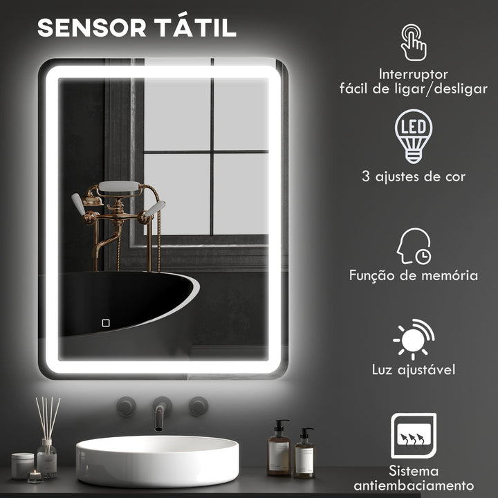 Espelho Casa de banho com Luzes LED 70x90 cm Espelho de Parede Antiembaciamento com 3 Temperaturas de Cor Ajustável e Função de Memória Horizontal e Vertical Prata