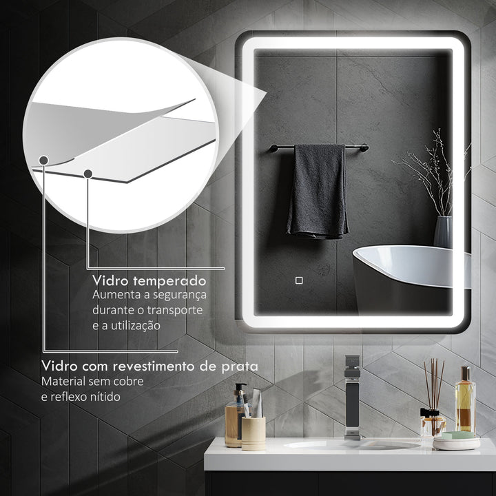 Espelho Casa de banho com Luzes LED 70x90 cm Espelho de Parede Antiembaciamento com 3 Temperaturas de Cor Ajustável e Função de Memória Horizontal e Vertical Prata