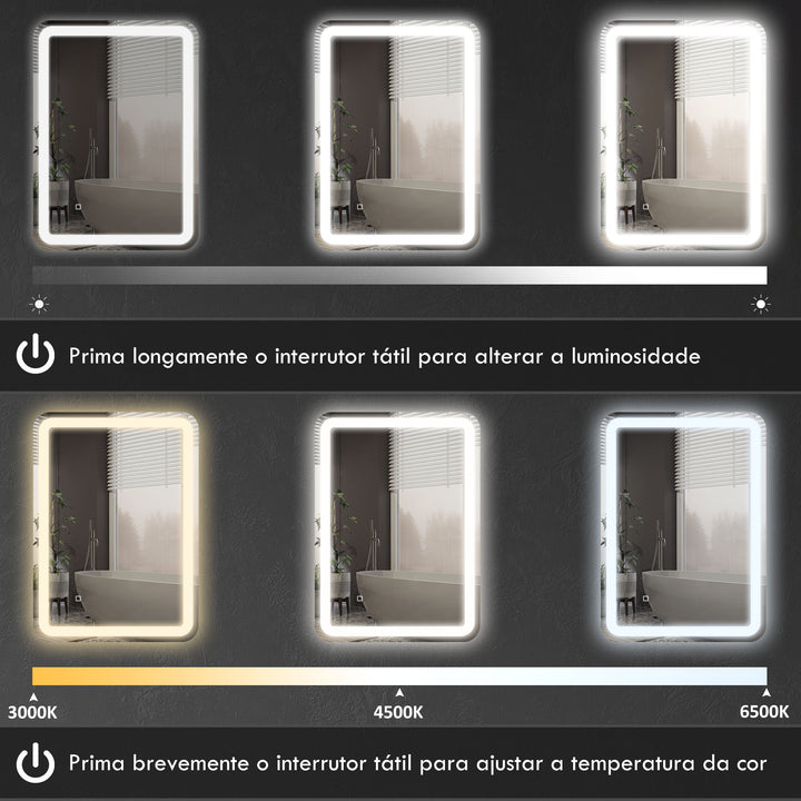 Espelho Casa de banho com Luzes LED 70x90 cm Espelho de Parede Antiembaciamento com 3 Temperaturas de Cor Ajustável e Função de Memória Horizontal e Vertical Prata