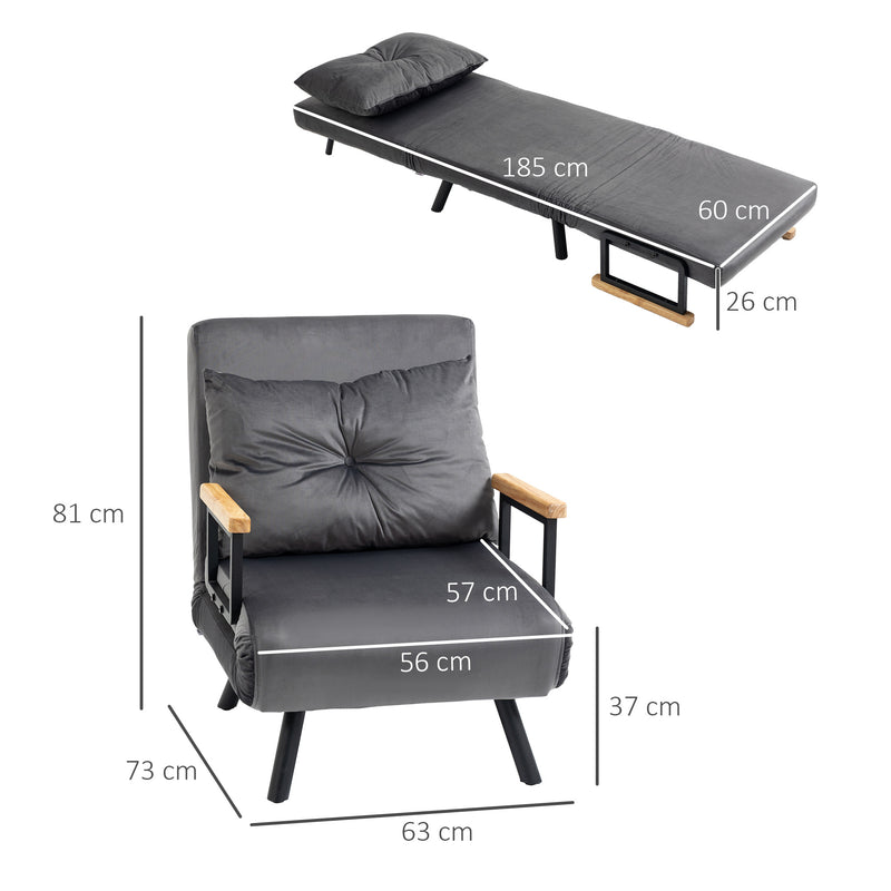 Poltrona Convertível em Cama Dobrável Poltrona 3 em 1 Convertível em Cama com Encosto Ajustável em 5 Níveis e Almofada Acolchoada para Escritório Sala de Estar Carga 120 kg 63x73x81 cm Cinza