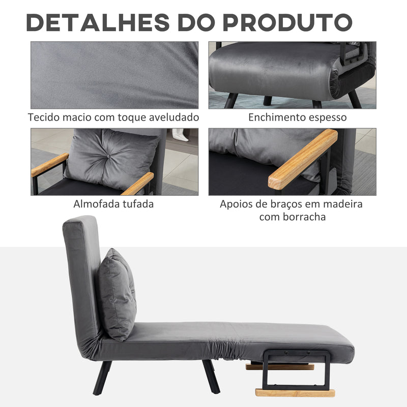 Poltrona Convertível em Cama Dobrável Poltrona 3 em 1 Convertível em Cama com Encosto Ajustável em 5 Níveis e Almofada Acolchoada para Escritório Sala de Estar Carga 120 kg 63x73x81 cm Cinza