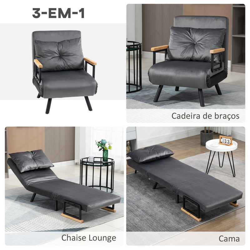 Poltrona Convertível em Cama Dobrável Poltrona 3 em 1 Convertível em Cama com Encosto Ajustável em 5 Níveis e Almofada Acolchoada para Escritório Sala de Estar Carga 120 kg 63x73x81 cm Cinza