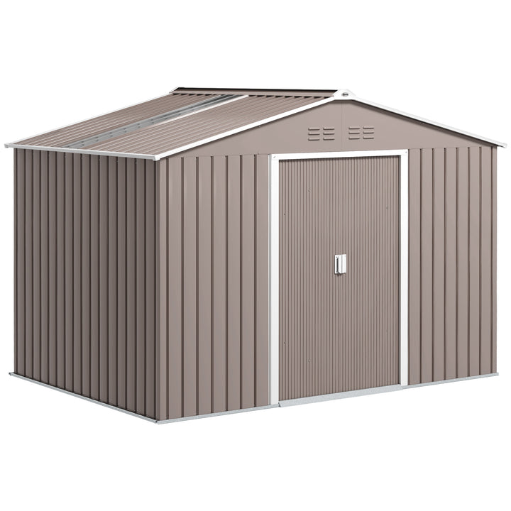 Abrigo de Jardim Exterior Abrigo e Jardim Metálico para Armazenamento de Ferramentas com Base de Reforço Incluída e 4 Janelas 277x195x192 cm Cinzento