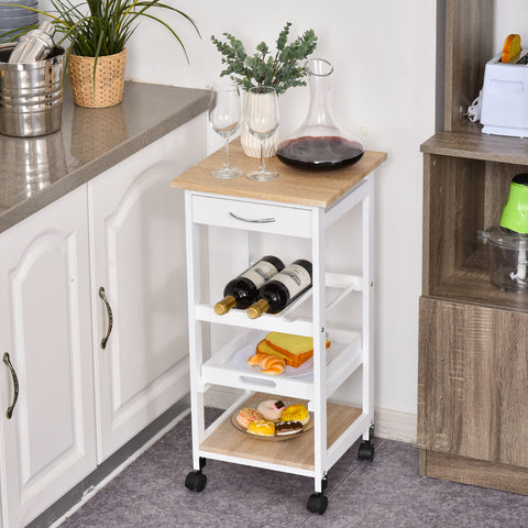 Carrinho de Cozinha com 4 Níveis com Rodas Prateleira Gaveta Bandeja 37x37x76 cm Branco