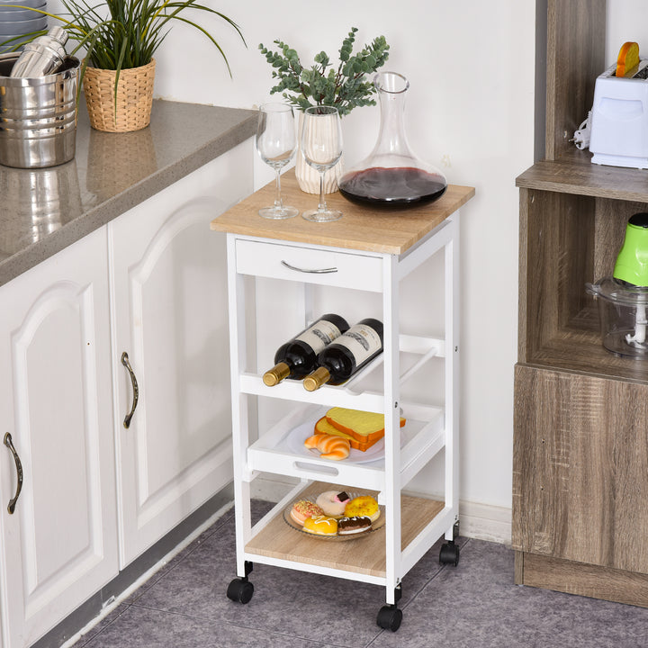 Carrinho de Cozinha com 4 Níveis com Rodas Prateleira Gaveta Bandeja 37x37x76 cm Branco