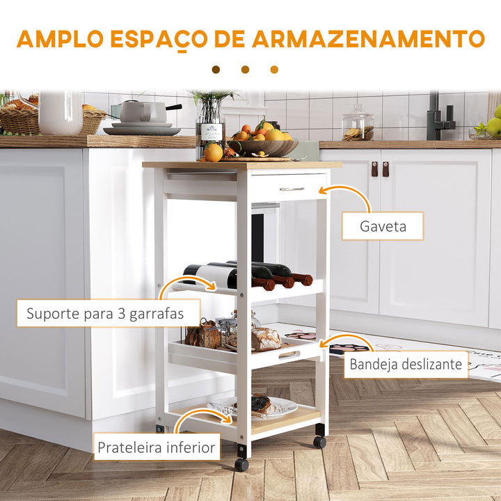 Carrinho de Cozinha com 4 Níveis com Rodas Prateleira Gaveta Bandeja 37x37x76 cm Branco