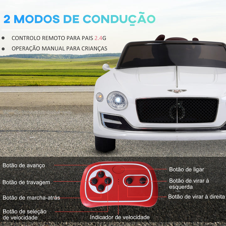 Carro elétrico com controle remoto 2 velocidades com faróis musica licencia de Bentley GT para crianças acima de 3 anos 108x60x43 cm Branco