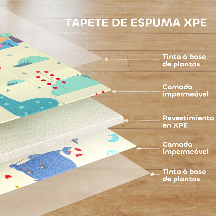 Tapete de Atividades para Bebé Acolchoado Dobrável e Reversível 196x176x1,5 cm Tapete de Brincar para Bebé XPE Dupla Face Impermeável Multicolor