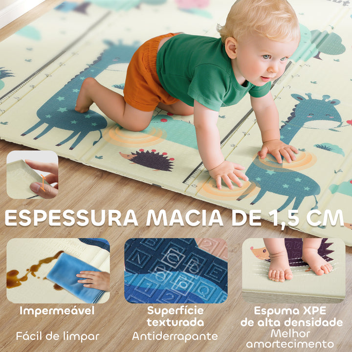 Tapete de Atividades para Bebé Acolchoado Dobrável e Reversível 196x176x1,5 cm Tapete de Brincar para Bebé XPE Dupla Face Impermeável Multicolor