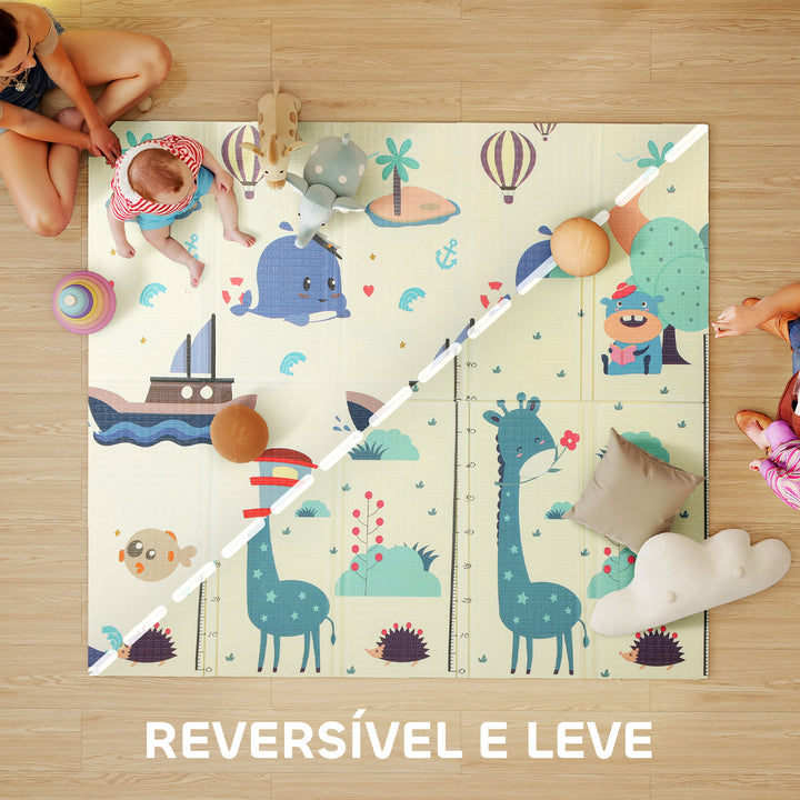 Tapete de Atividades para Bebé Acolchoado Dobrável e Reversível 196x176x1,5 cm Tapete de Brincar para Bebé XPE Dupla Face Impermeável Multicolor
