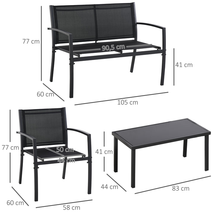 Conjunto de Móveis de Jardim Conjunto de 4 Peças Móveis de Exterior com 2 Poltronas 1 Sofá de 2 Lugares e Mesa de Centro com Tampo de Vidro Temperado Preto