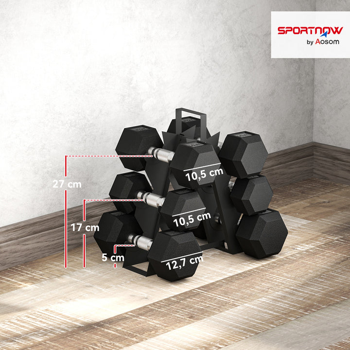 Conjunto de Halteres de 6 Peças 36 kg Halteres Hexagonais 2x4kg 2x6kg 2x8kg com Suporte de Armazenamento e Punho Antiderrapante para Treino em Casa ou Ginásio Preto