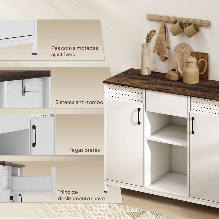 Aparador de 2 Portas com Orifícios Aparador de Sala com 2 Compartimentos e Gaveta Prateleiras Ajustáveis para Cozinha Entrada Dormitório 100x40x80 cm Branco e Castanho Rústico