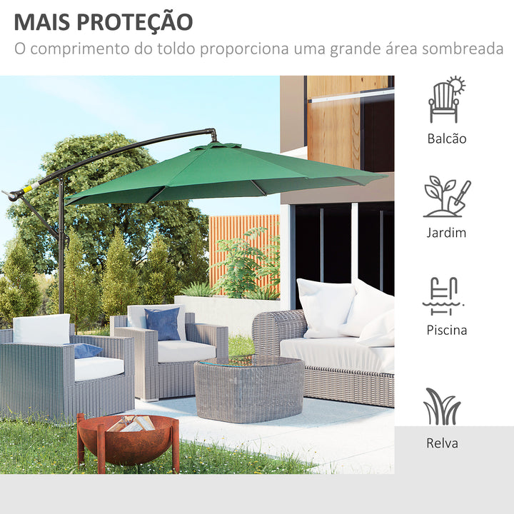 Chapéu de Sol de Jardim Ø295x245cm Chapéu de Sol Excêntrico Inclinável com Manivela Base Cruzada Suporte de Aço e Proteção Solar para Terraço Exterior Verde