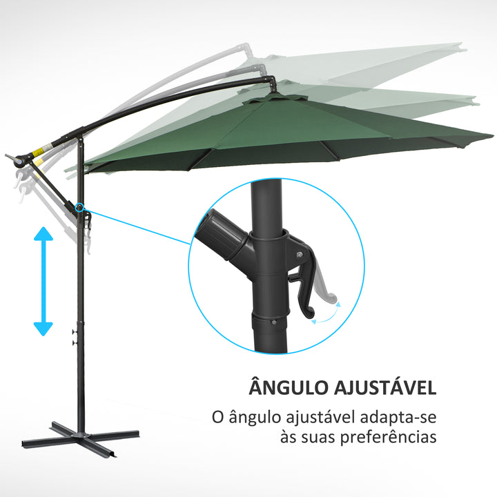 Chapéu de Sol de Jardim Ø295x245cm Chapéu de Sol Excêntrico Inclinável com Manivela Base Cruzada Suporte de Aço e Proteção Solar para Terraço Exterior Verde